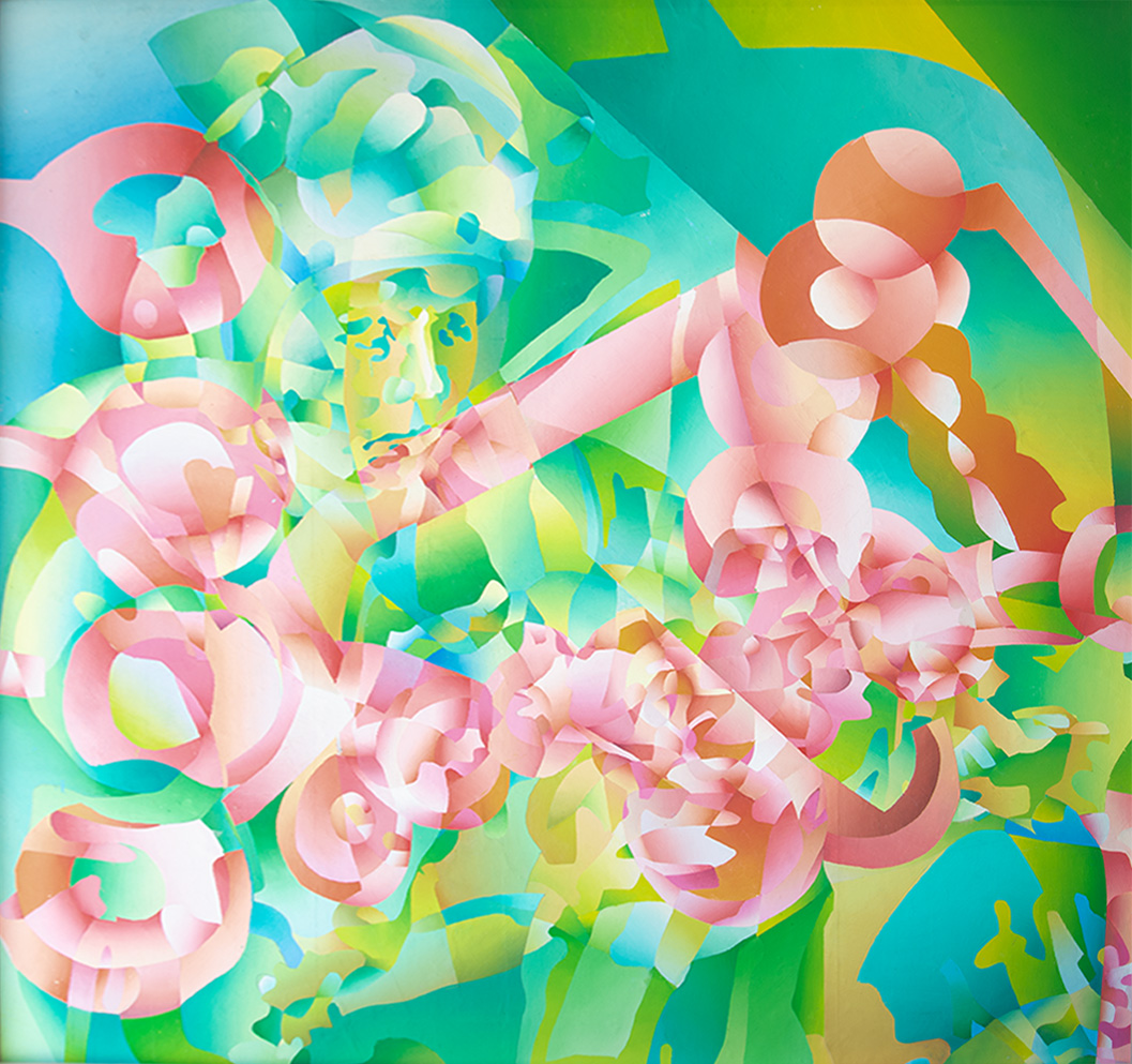 Abstract mural with pink and green organic shapes overlaying a human face, by Roberto Delgado