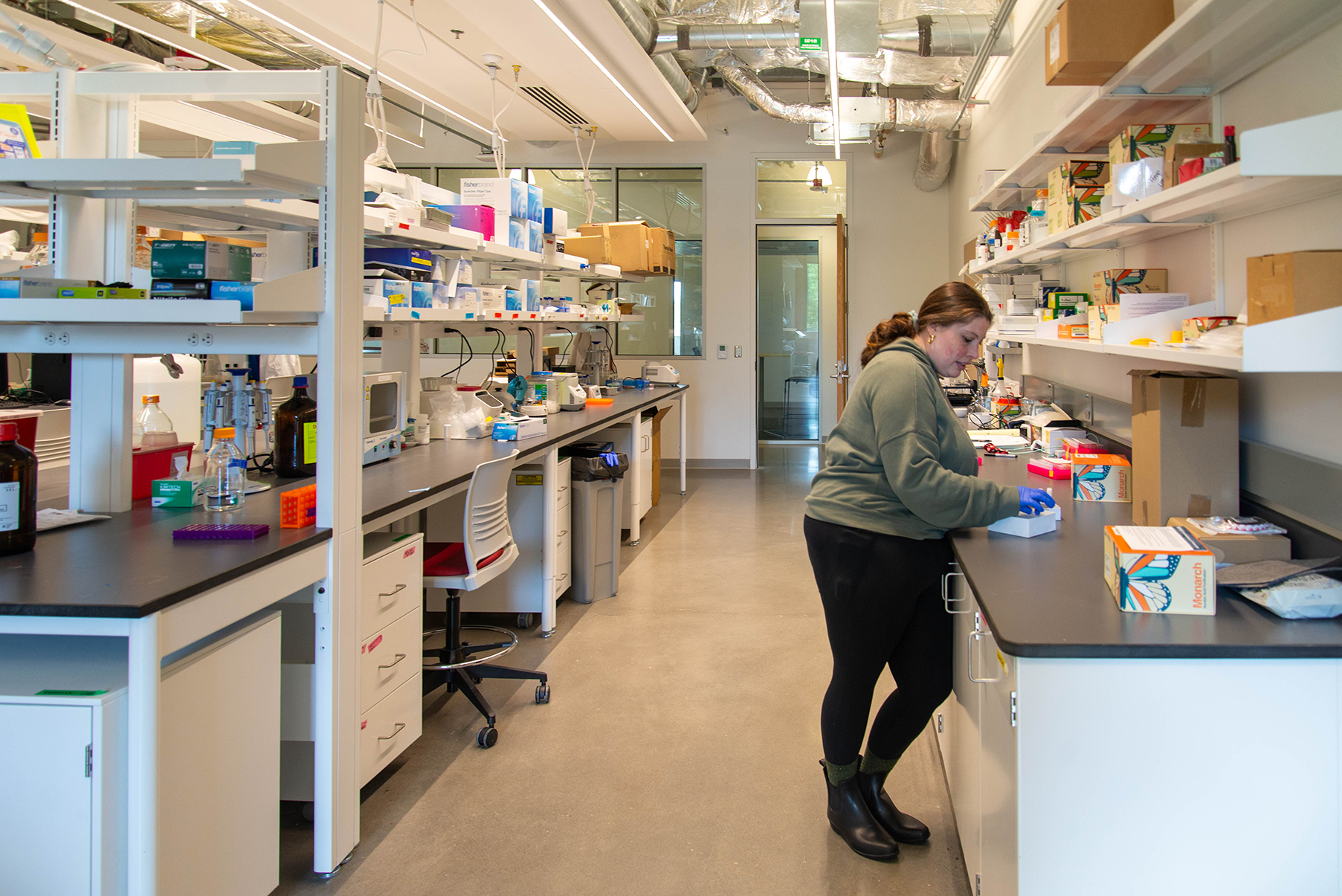 A laboratory with a researcher working at a counter, surrounded by equipment and supplies in a clean, well-organized space