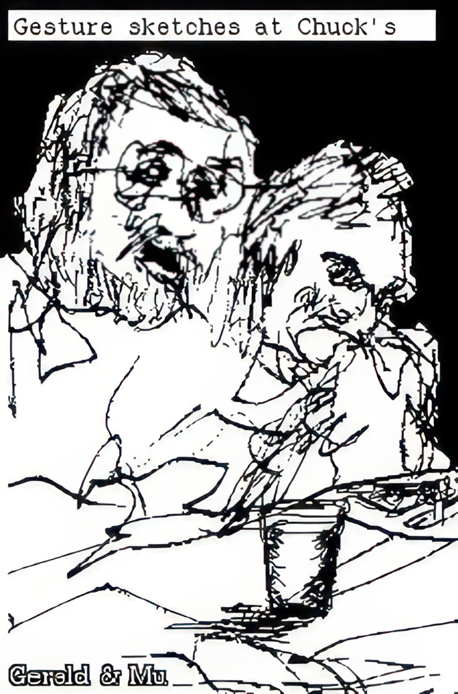 sketch of 2 men and a glass of liquid. Caption: Gerald and Mu