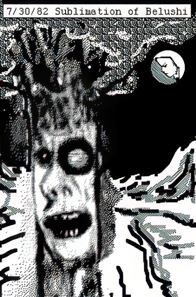 Sketch of tree with a face on the trunk. A moon with a face in it. Dark skies.