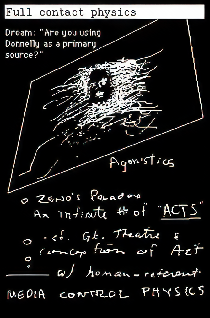 an inverted sketch of Agnostics. Zeno's paradox. an infinte # of ACTS. Media control physics. Caption: Dream: are you using donnelly as a primary source?