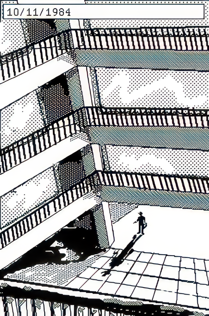 a drawing of a backlit figure entering a building with a gun. Perspective is from the third floor looking down.