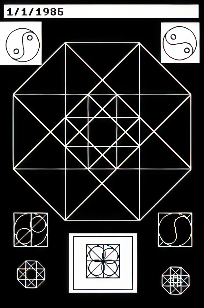 A geometric drawing with yin yang and other various symbols.