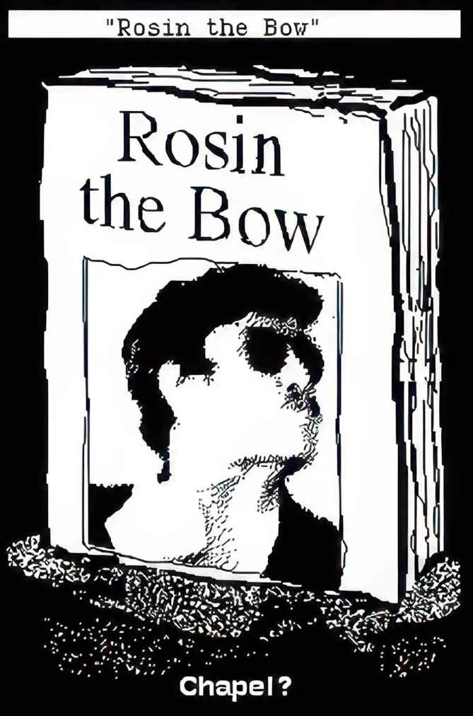 A book cover. Rosin the Bow. A man with sunglasses on. Chapel?