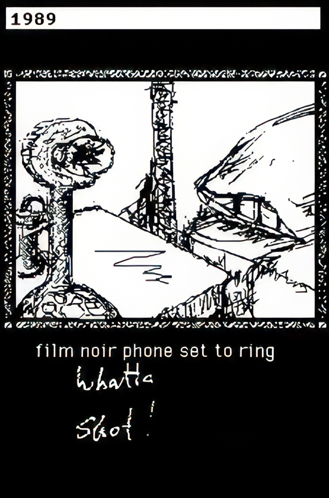 A sketch of an old telephone on a bedside table. Film noir phone set to ring. Whatta…shot!