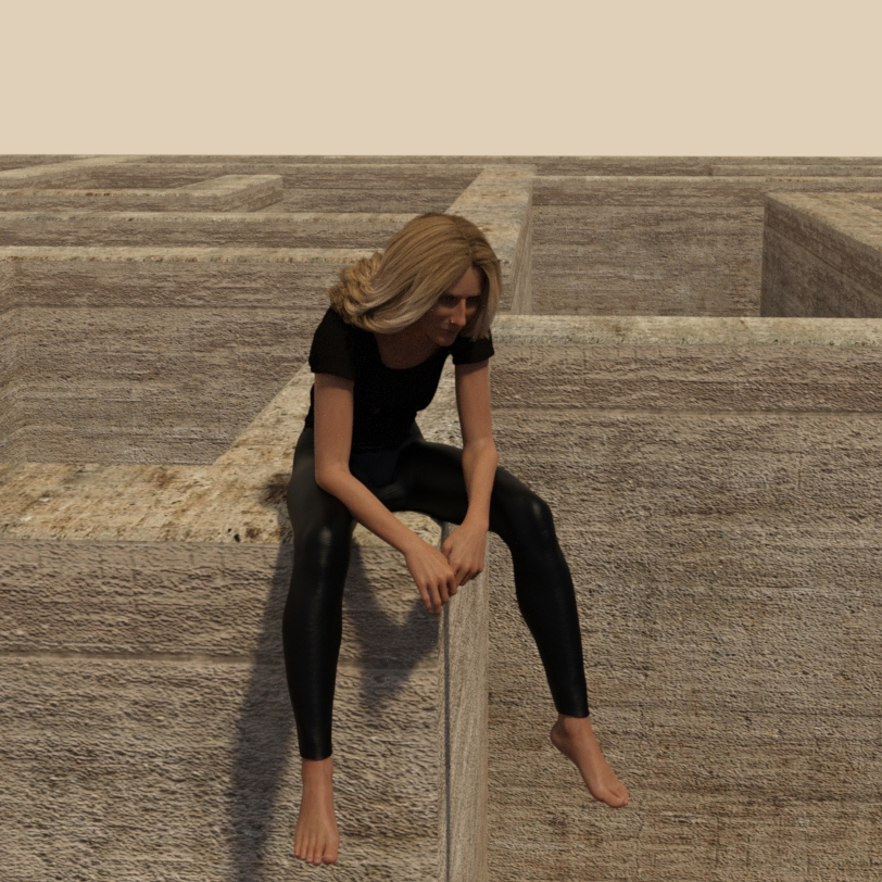 3d render of Emily sitting on the edge of a labyrinth wall