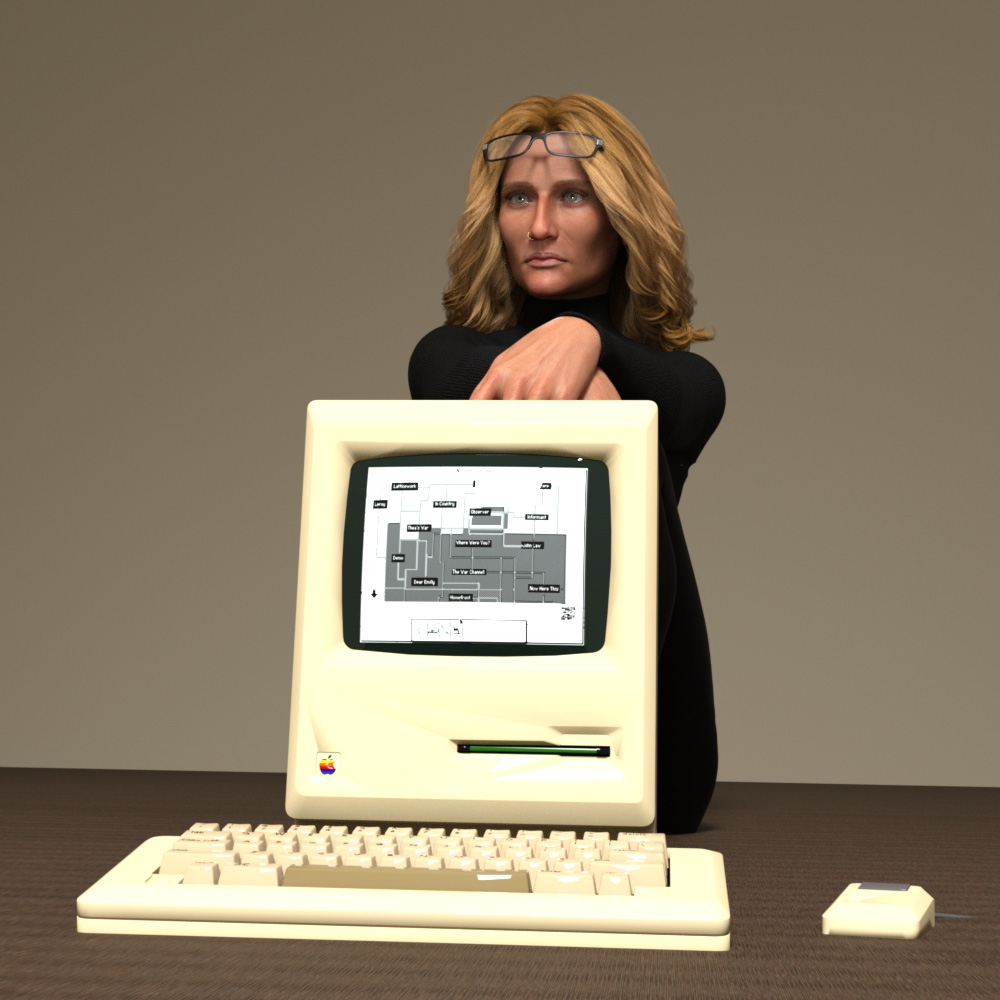 3d render of Emily sitting behind a Macintosh Classic computer displaying the classic Victory Garden