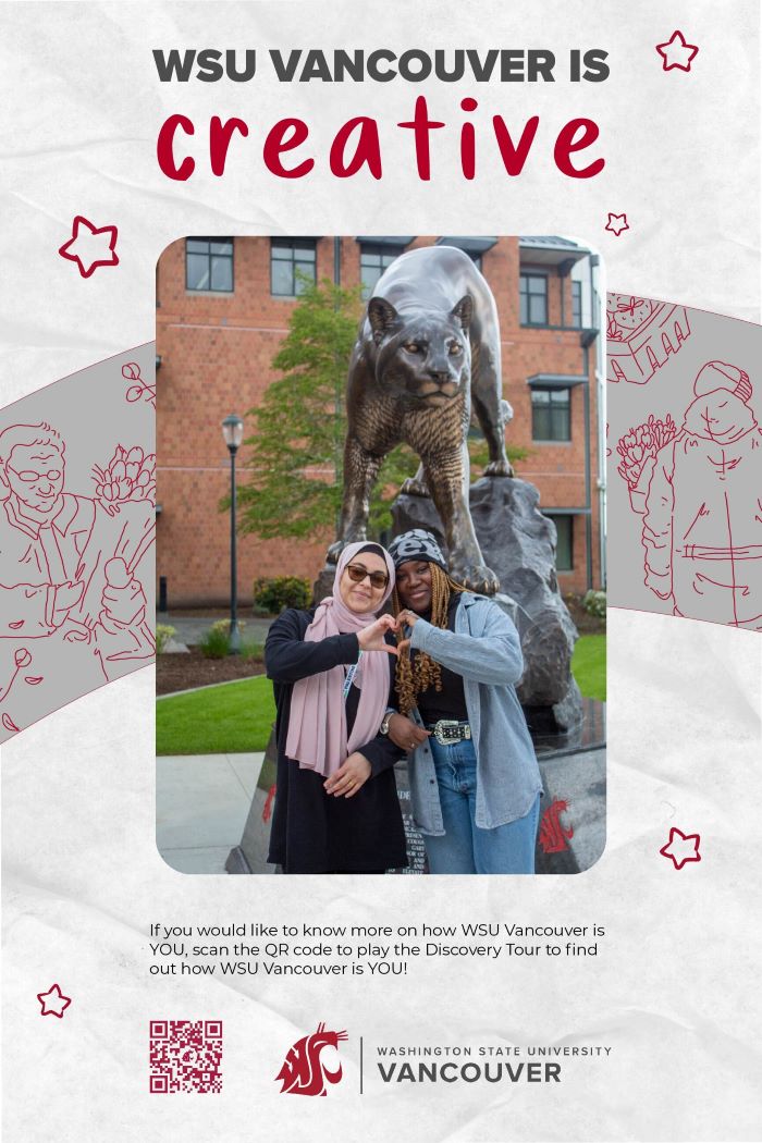 The title 'WSU Vancouver is Creative' above an image of two students making a heart with their hands.