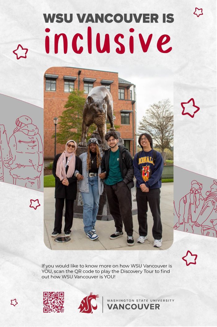 The title 'WSU Vancouver is Inclusive' above an image of four students standing together in front of a cougar statue.