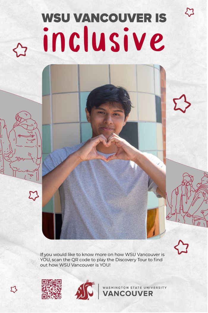The title 'WSU Vancouver is Inclusive' above an image a student making a heart with their hands in front of the campus library.