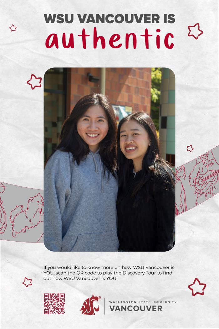 The title 'WSU Vancouver is Authentic' above an image of two students smiling in front of the WSU Vancouver library.