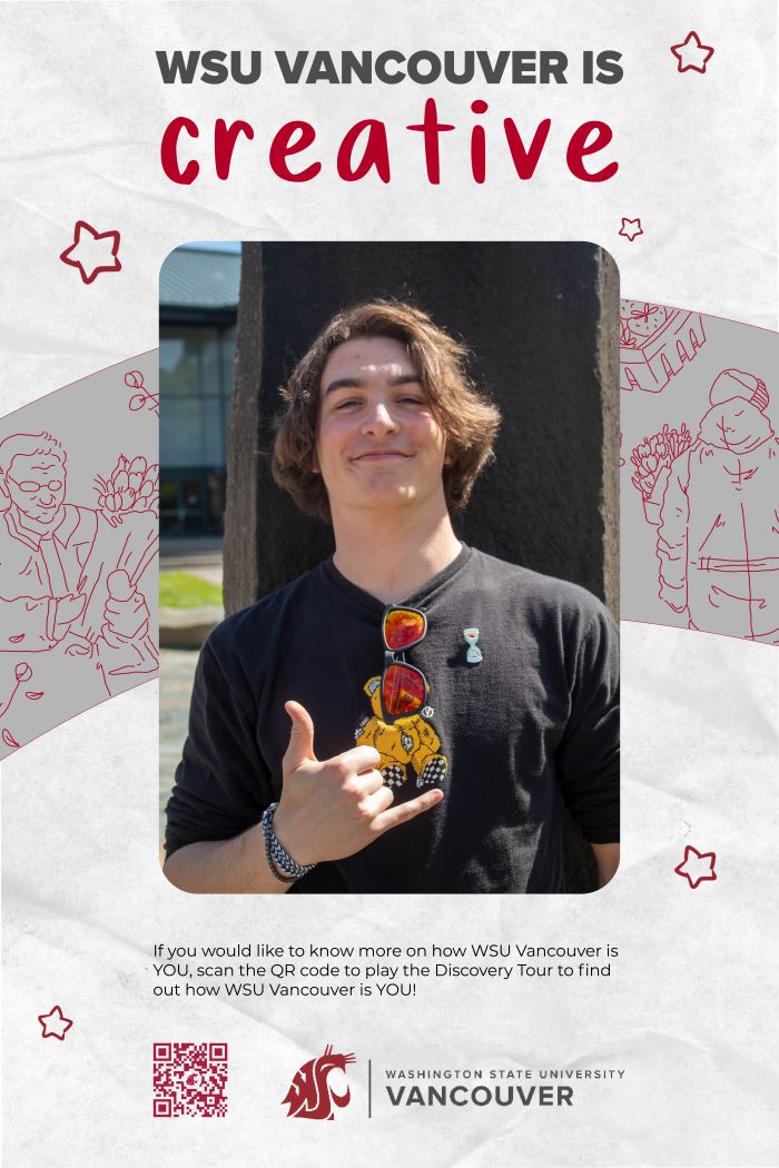 The title 'WSU Vancouver is Creative' above an image of a student smiling in front of the WSU Vancouver fountain.