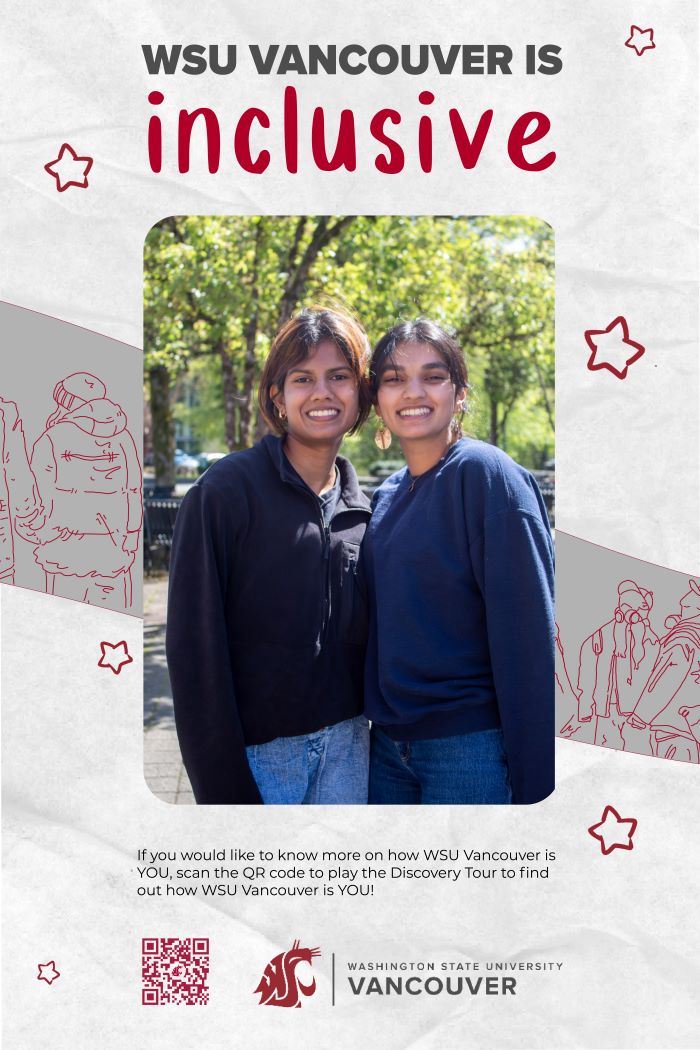 The title 'WSU Vancouver is Inclusive' above an image of two students smiling together on campus.