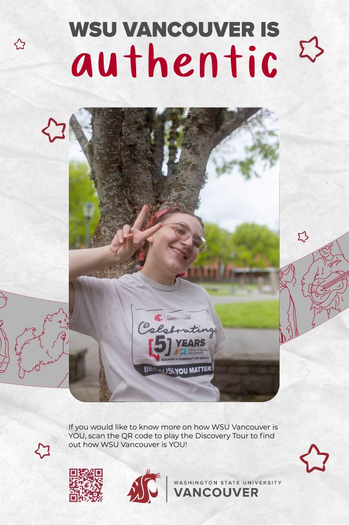 The title 'WSU Vancouver is Authentic' above an image of a student making a peace sign with their hands and smiling.