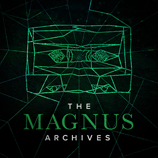 A casette tape made of neon green spiderwebs. Underneath the tape is the text 'The Magnue Archives'