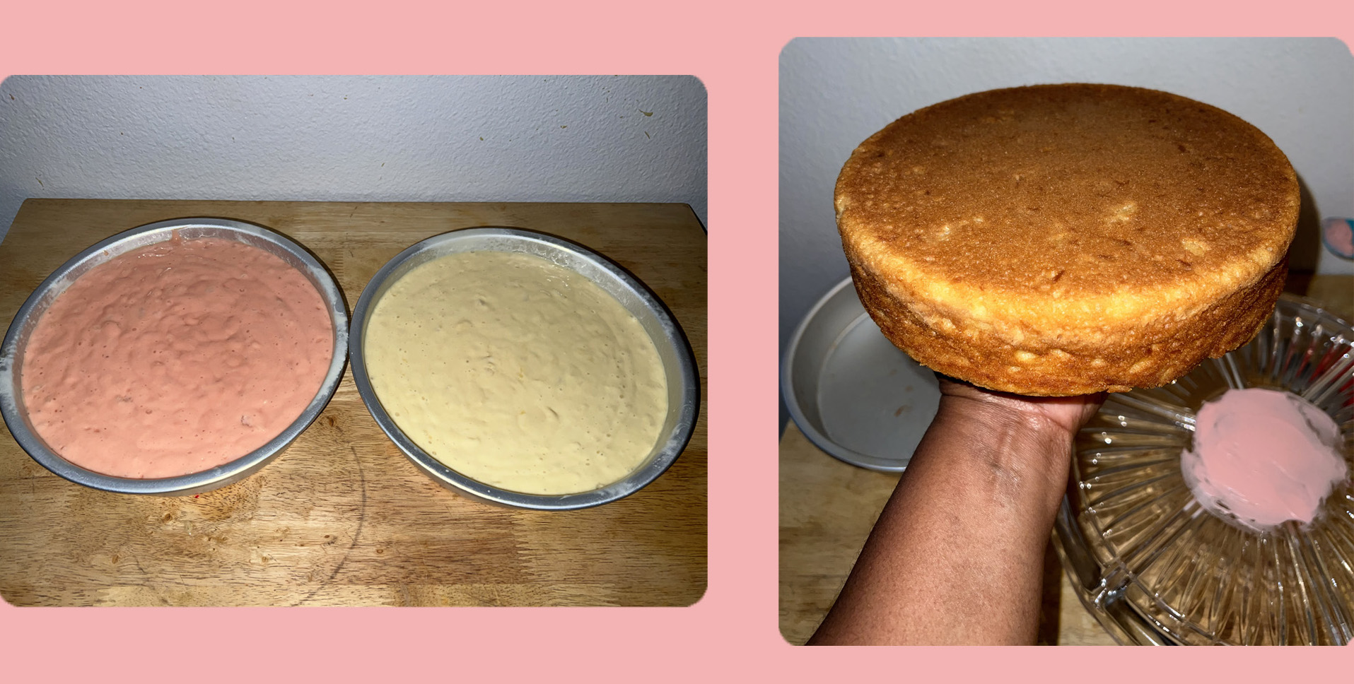 A picture of cake in pans on the left and a hand inverting the cake on the right.