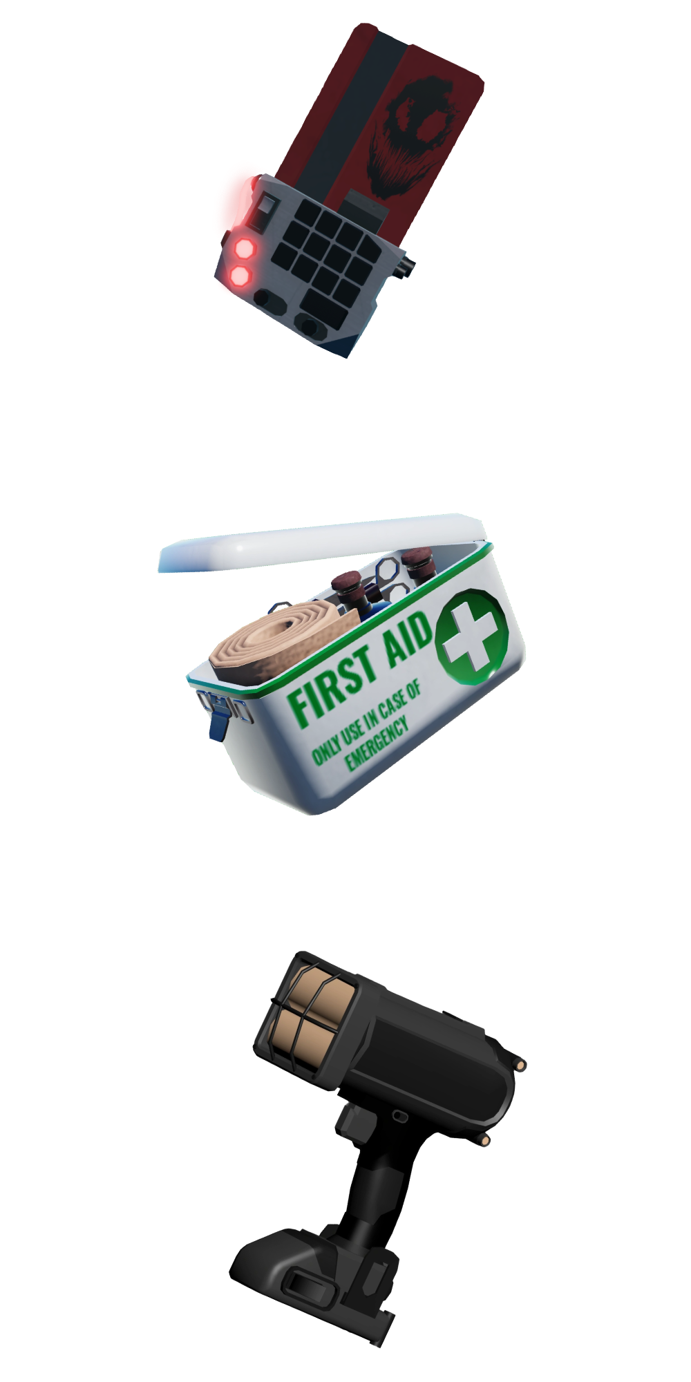 Vertical line up of a code breacher, medkit, and flash beacon from Pressure