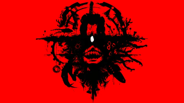A black silhouette of a smiling monsterous face against a bright red backround