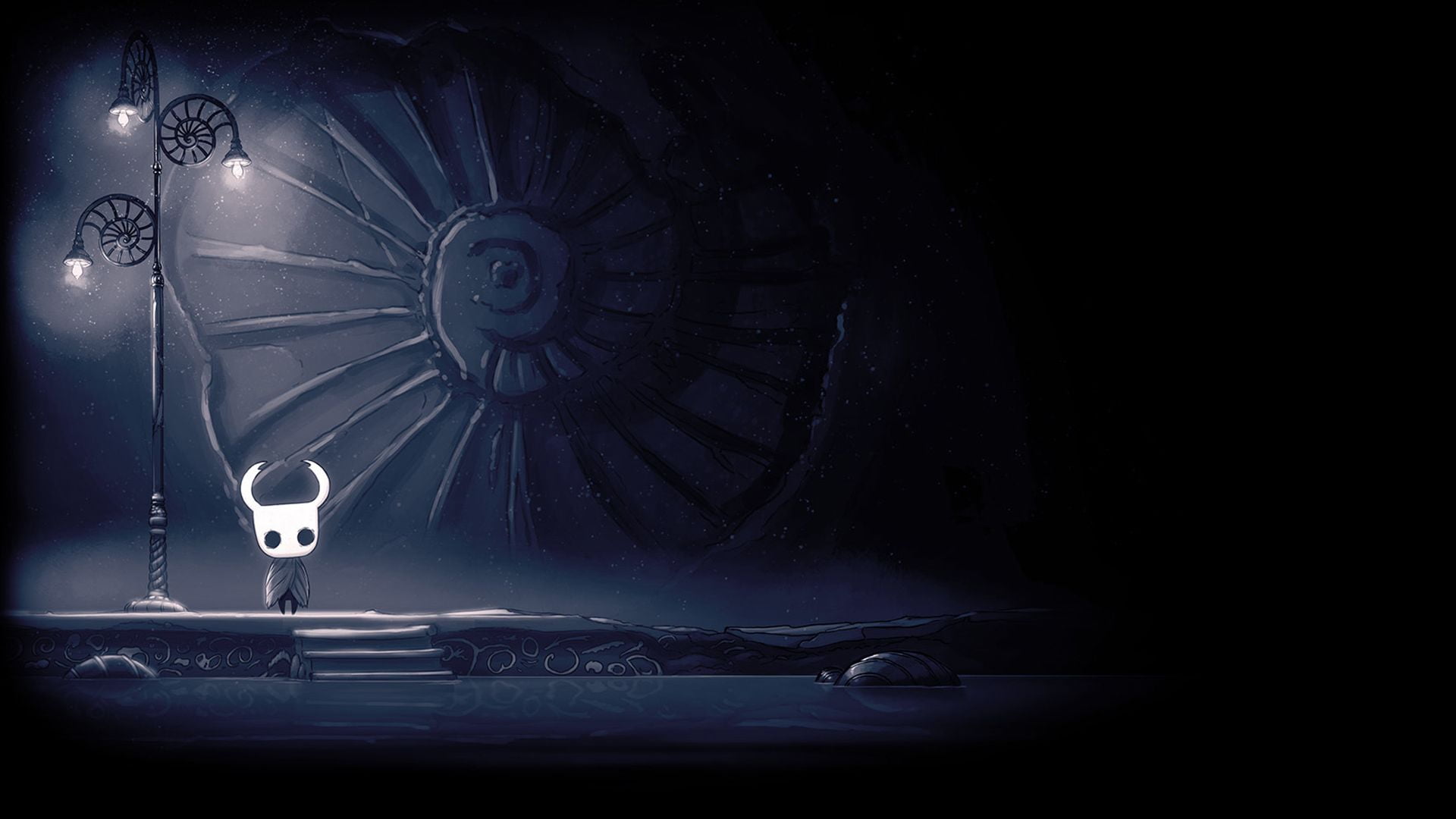 An image of the protaganist of the game Hollow Knight standing next to a lamppost in a dark and barren enviornment.