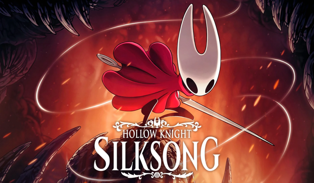 The cover image for the game Hollow Knight: Silksong. It features a crouching figure wearing a red flowing cloak and white horned mask. She is also holding a large sewing needle with glowing thread swirling around her.