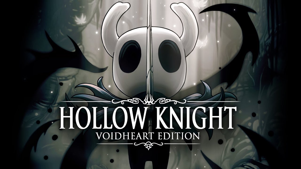 The cover image for the game hollow knight: voidheart edition. It features a dark figure wearing a flowing grey cloak and white horned mask. They are also holding a sword pointing straight up between their eyes.
