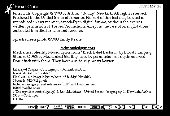 Image of the original 1993 hypercard game section called Final Cuts
