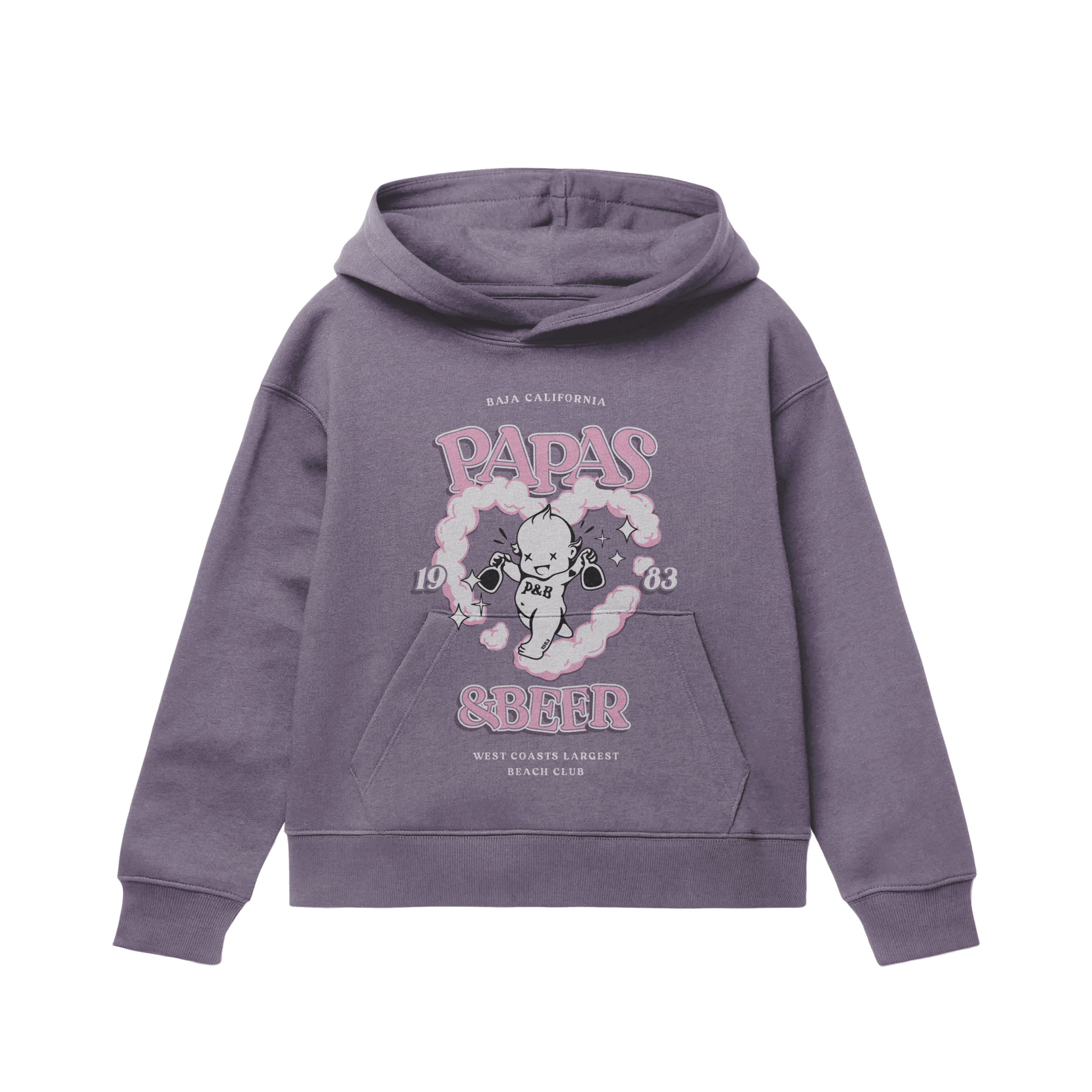 Purple hoodie with a graphic design printed on