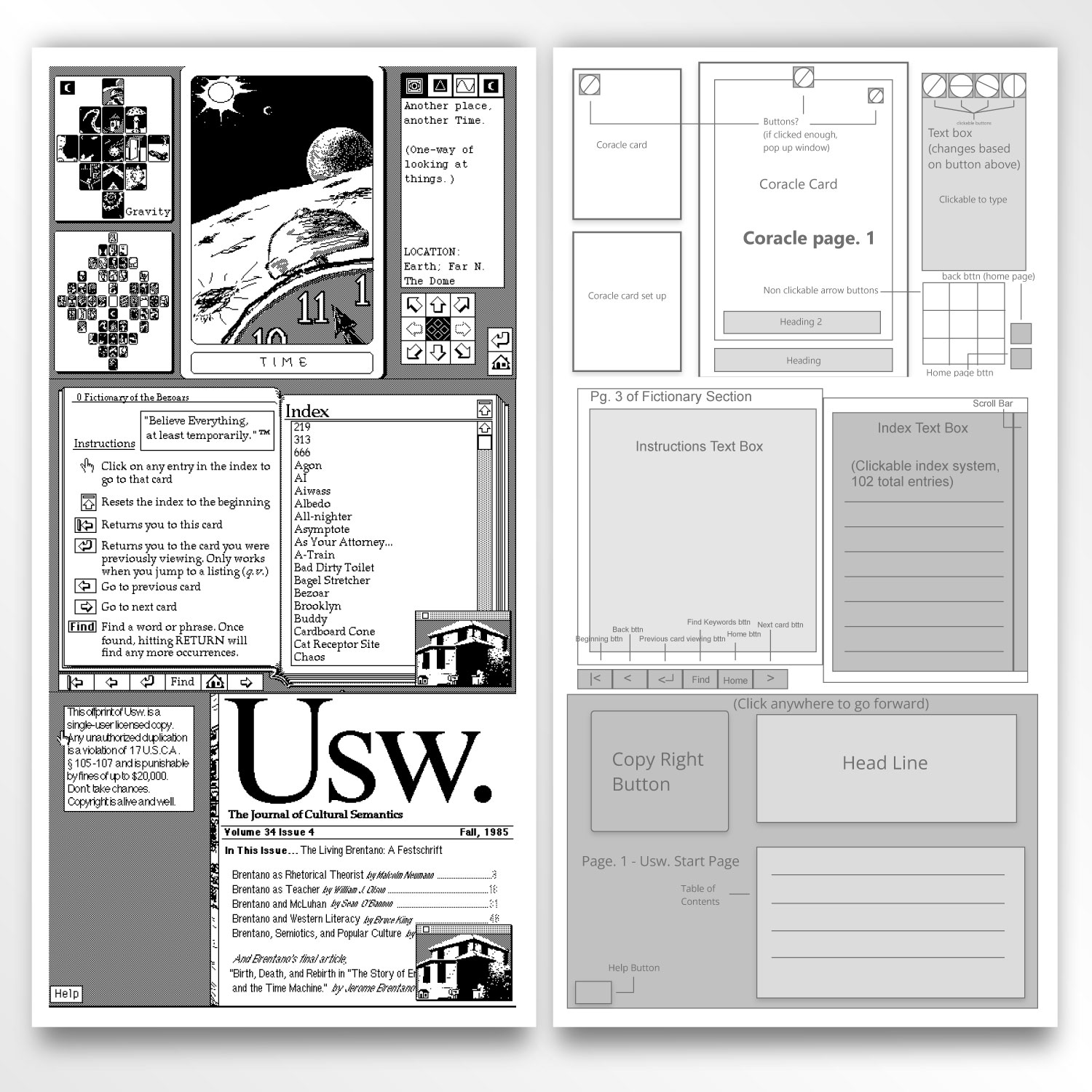 The mapping and wireframes of user interactions and layour of the original 1993 hypercard game, Uncle Buddy's Phantom Funhouse