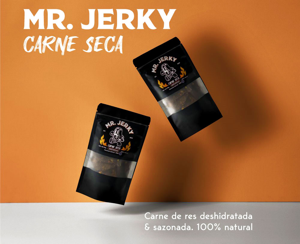 Social media post for Mr. Jerky, including mockup packaging