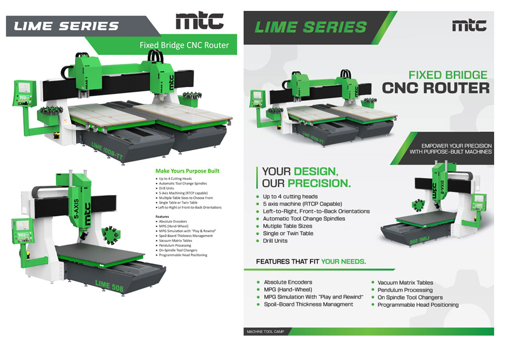 Side by side comparison of a flyer redesign for a CNC machine sold by Machine Tool Camp