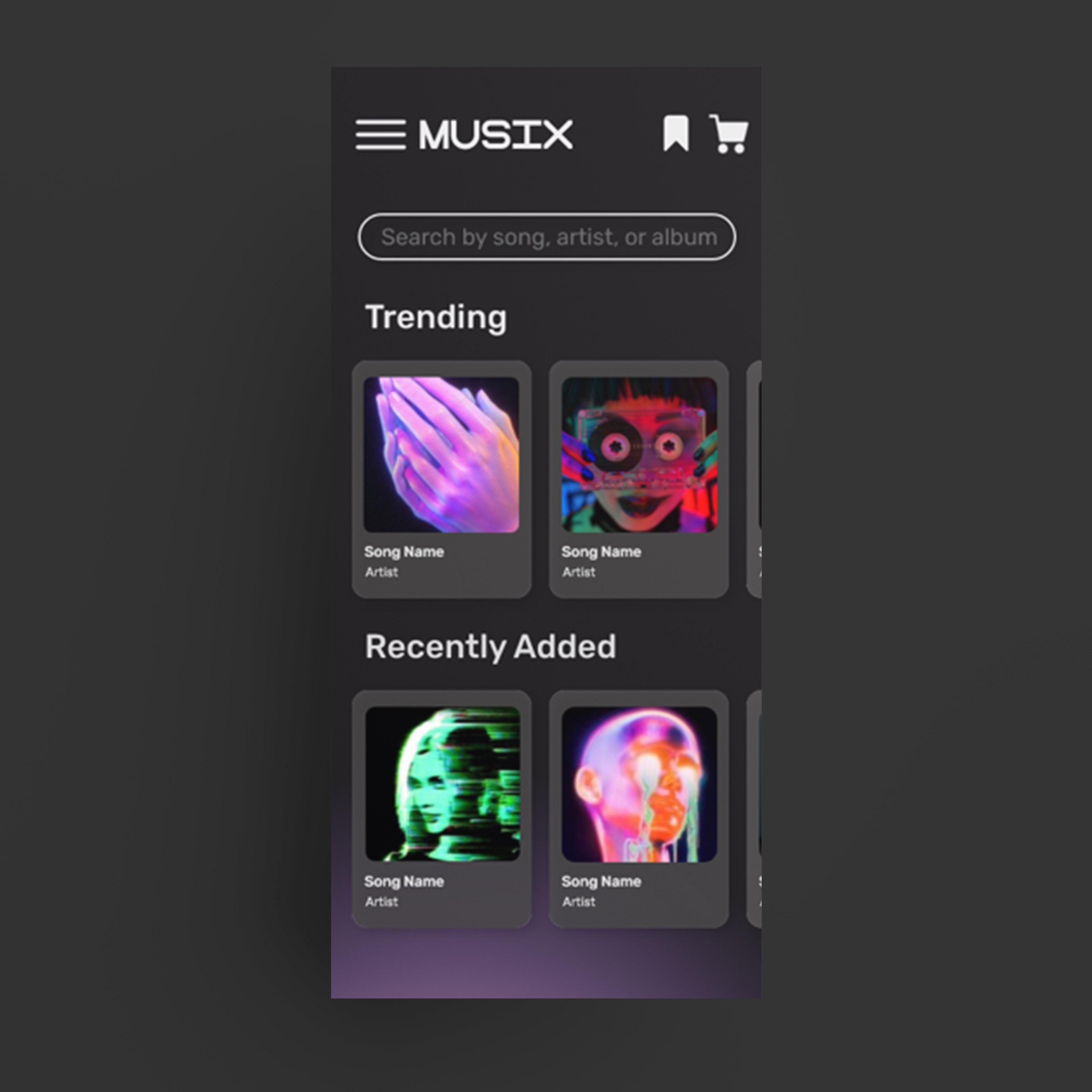 Mockup of home screen design for the app Musix