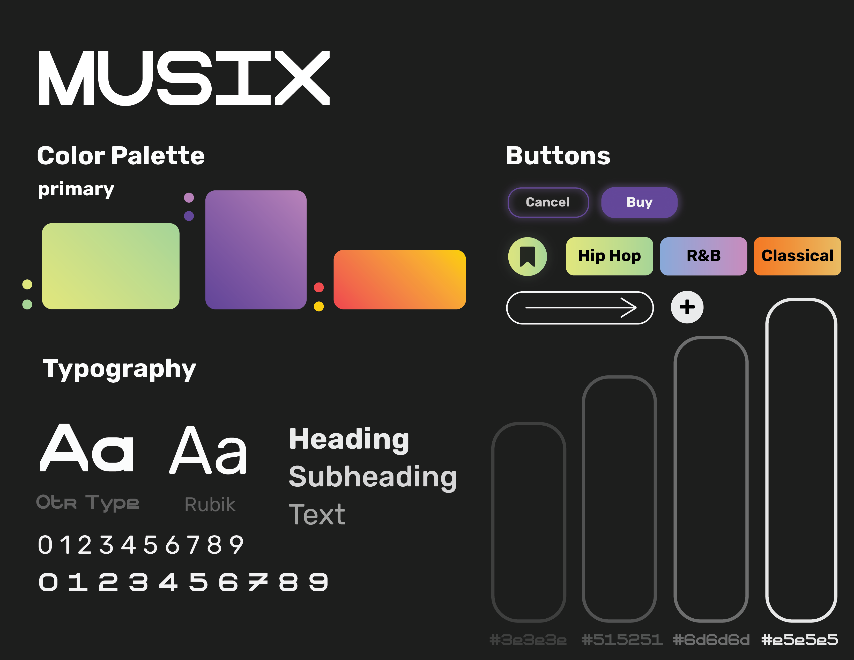 Style guide including typography, icons, and colors for Musix app