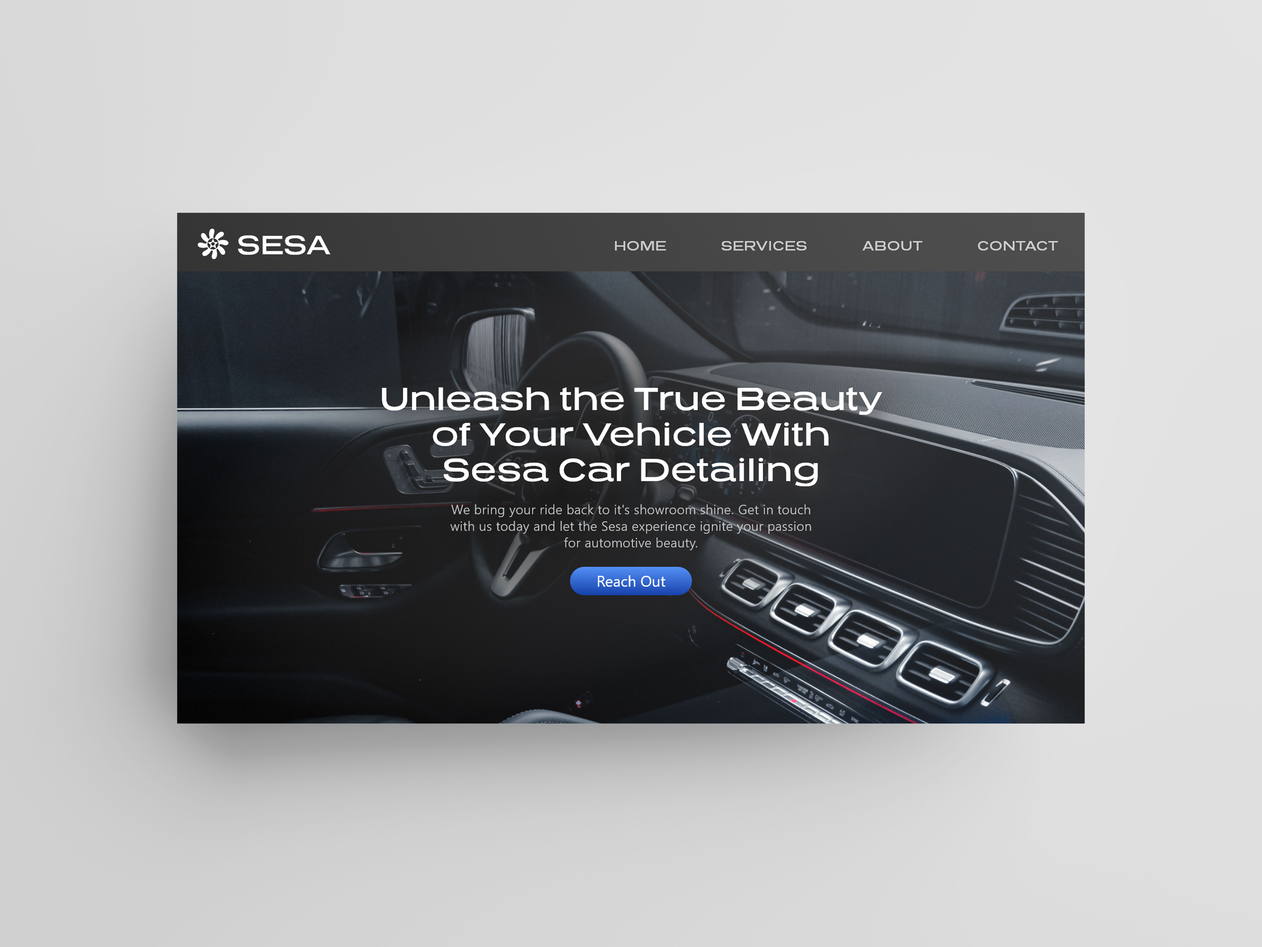 Mockup of hero section of the website design for the car detailing company, Sesa Services