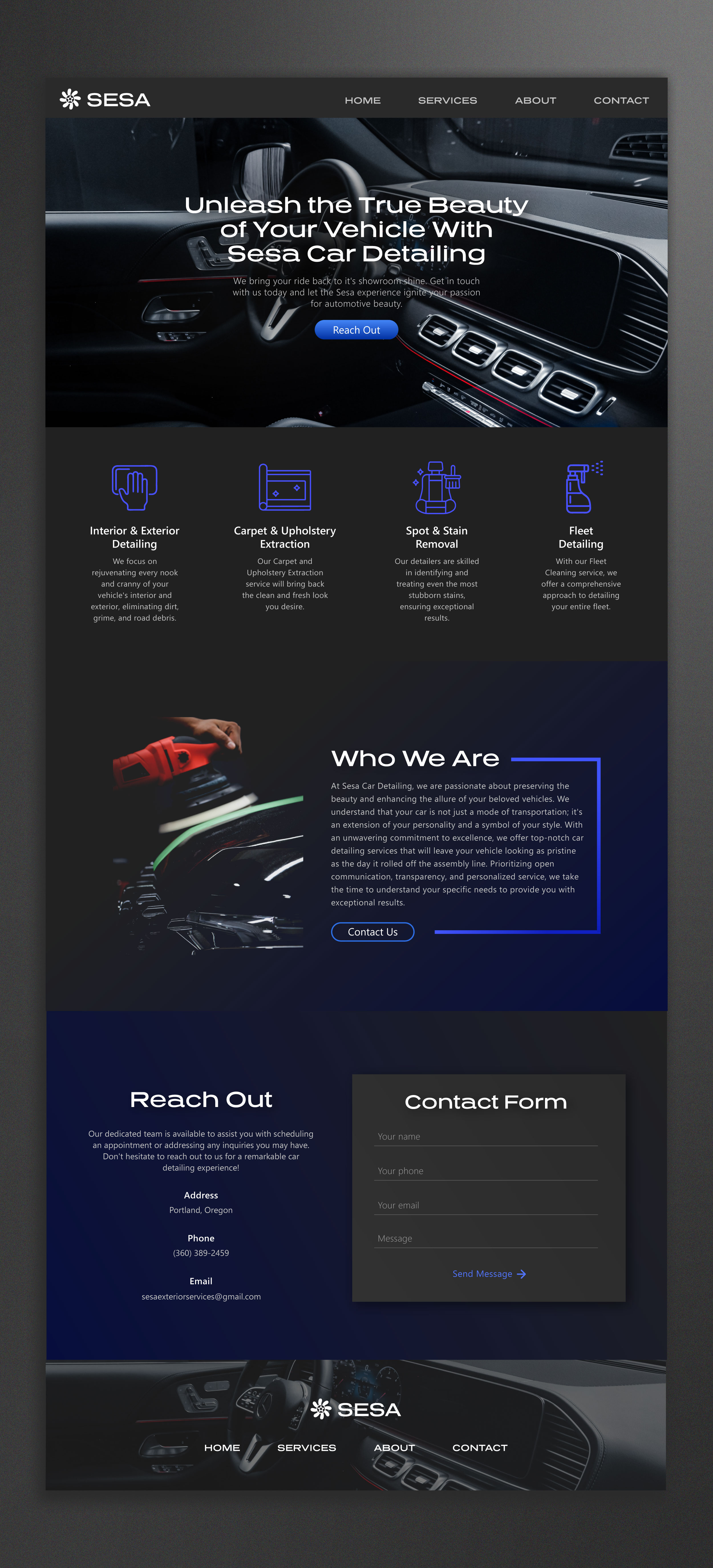 Full view of visual website design for the car detailing company, Sesa Services
