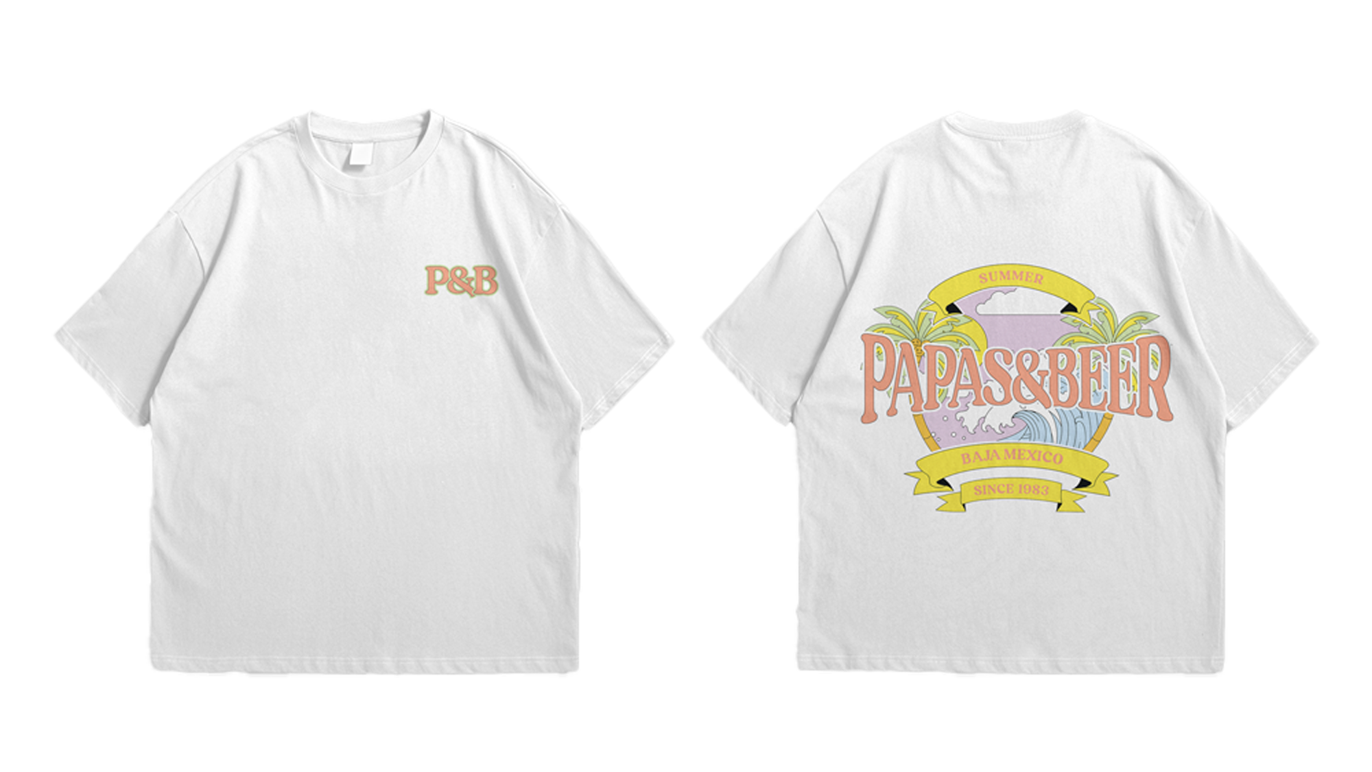 White tee shirt mockup with a summer design on it.