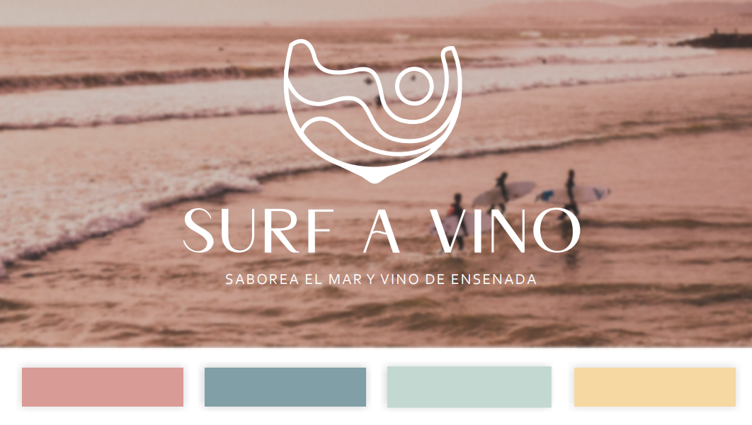 Logo for Surf A Vino with imagery of a pastel pink ocean paired with the color palette for the visual identity of the company.