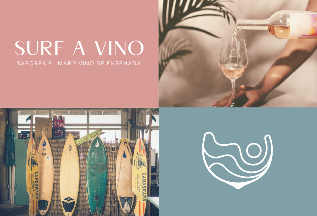 A collage of imagery and logo variations for the company Surf A Vino. Images include a lettermark logo, an image of a woman pouring wine, an image of surf boards, and the logo icon.