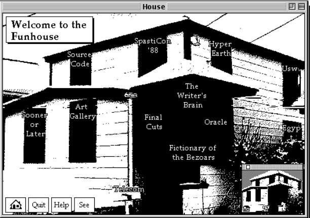An image of the orginal home page for the 1993 hypercard game, Uncle Buddy's Phantom Funhouse