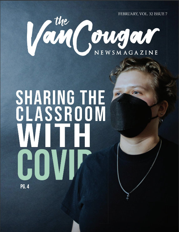 A photo of a student gazing into the distance with a black face mask on.