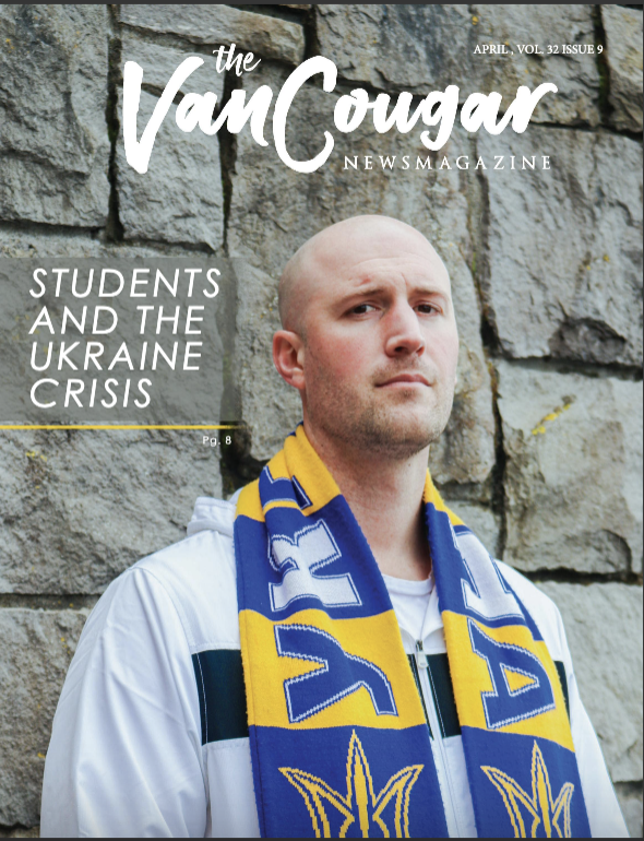A photo of a student wearing a Ukranian scarf in solidarity with the country.