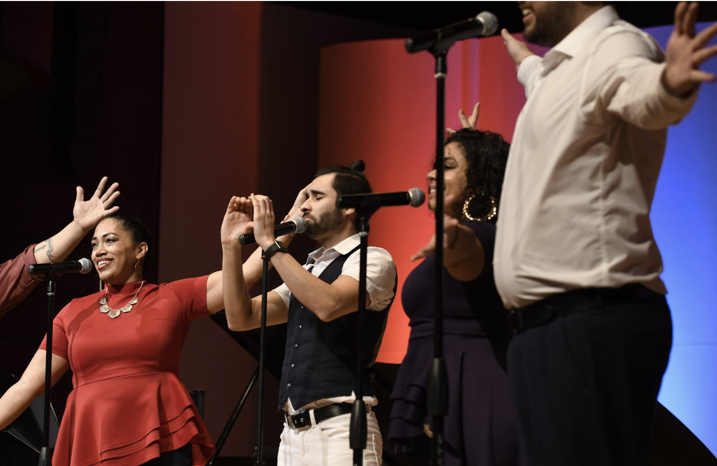 Rise Up: The Hamilton Tribute Band performing in Schneebeck Concert Hall.