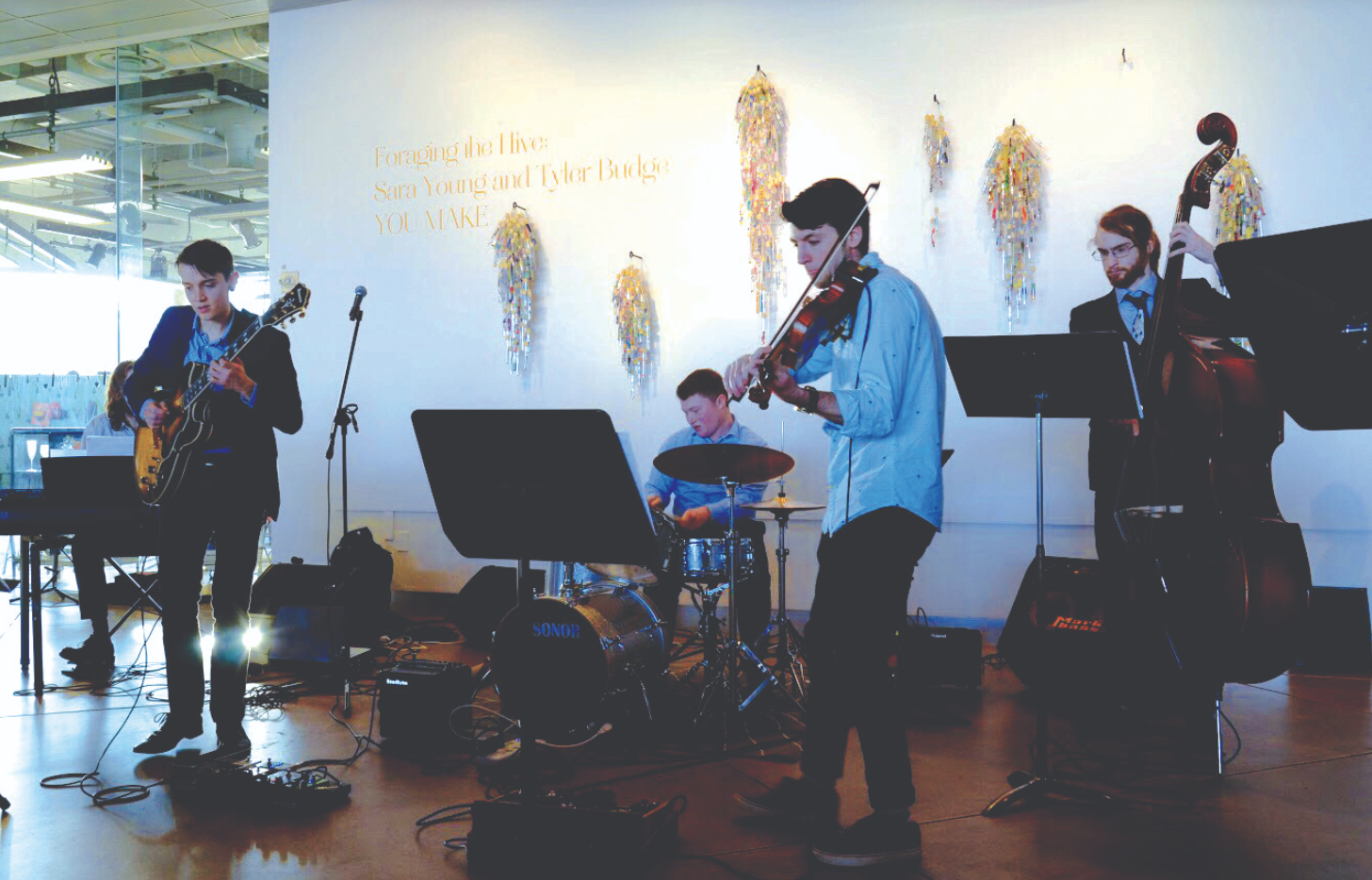 Puget Sound students performing jazz at the Museum of Glass in Downtown Tacoma.