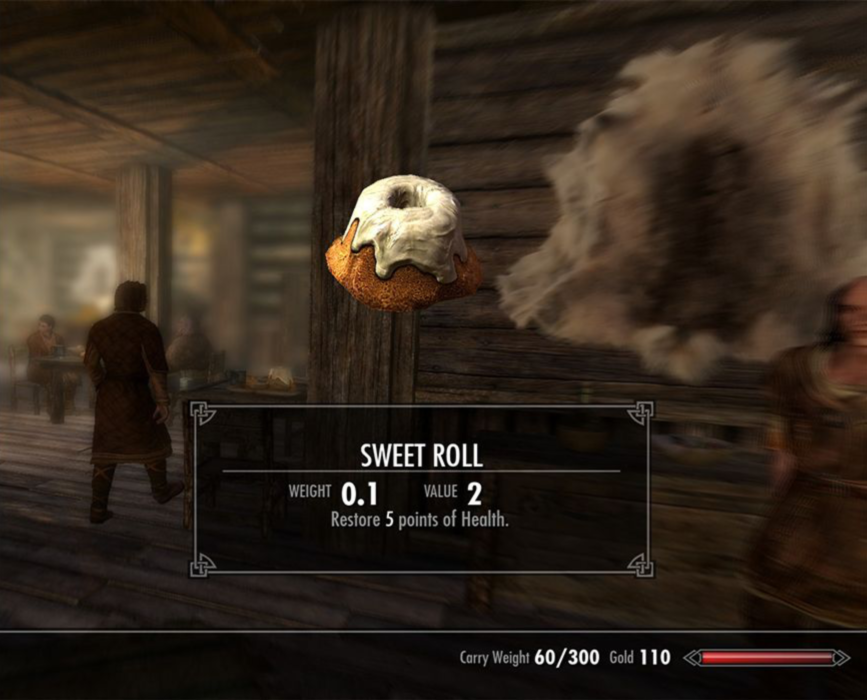 A screenshot of a sweetroll from Skyrim gameplay.