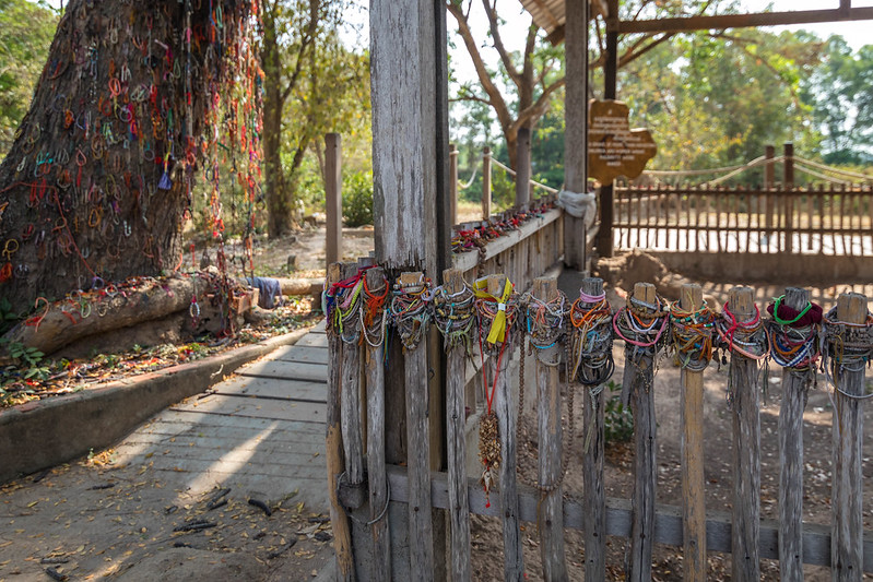 a picture of the Killing Fields where people put colorful bracelets for victims.