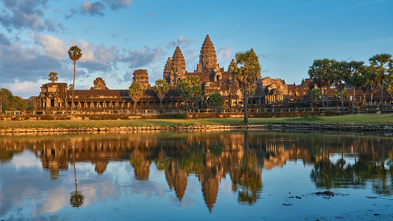 Front view of Angkor Wat with it's reflection in the water