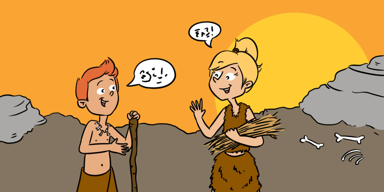cartoon style drawing of two cave people making making sounds with speech bubbles