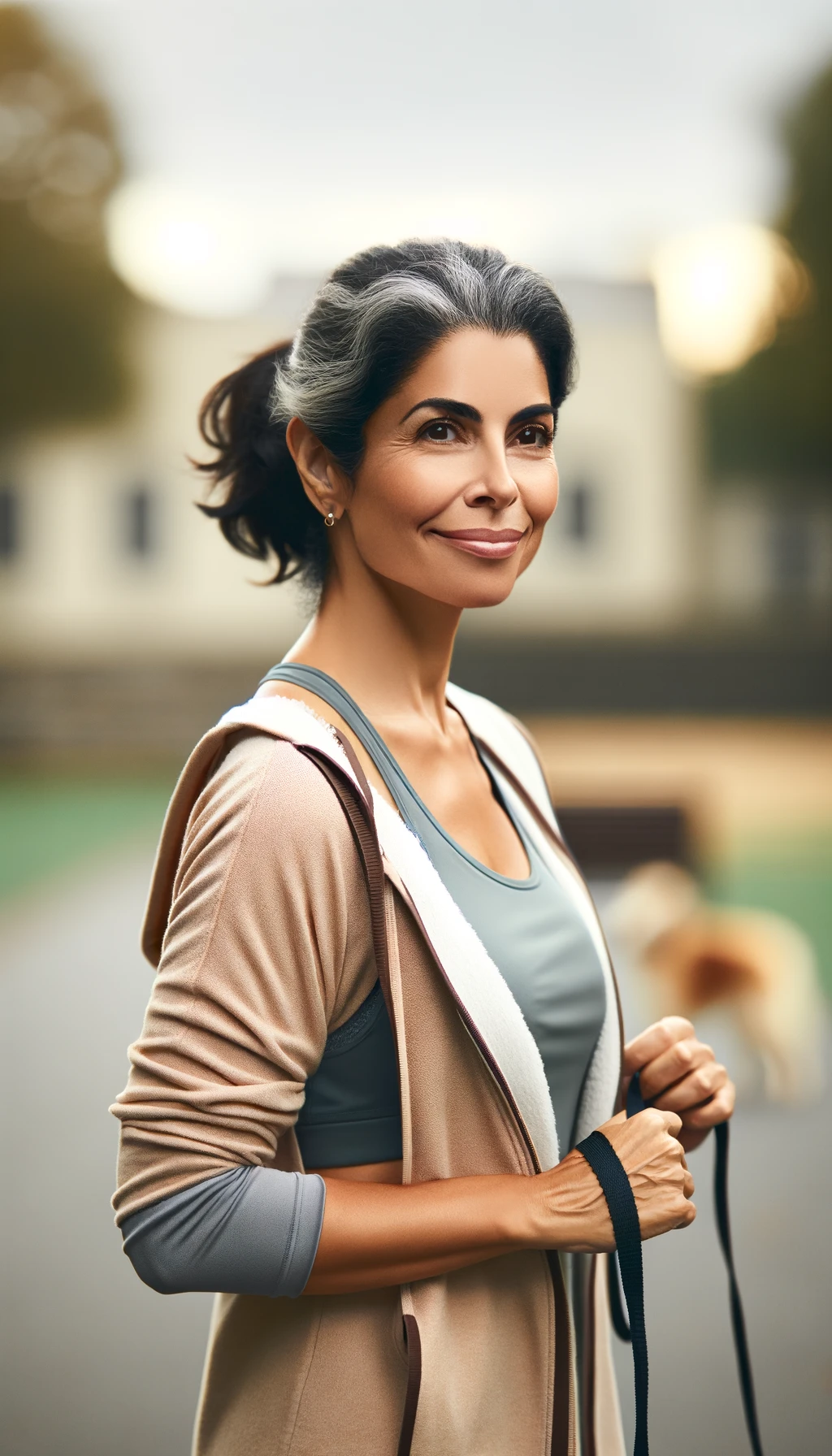 a portrait of an older latina woman smiling while walking outside with dogs 