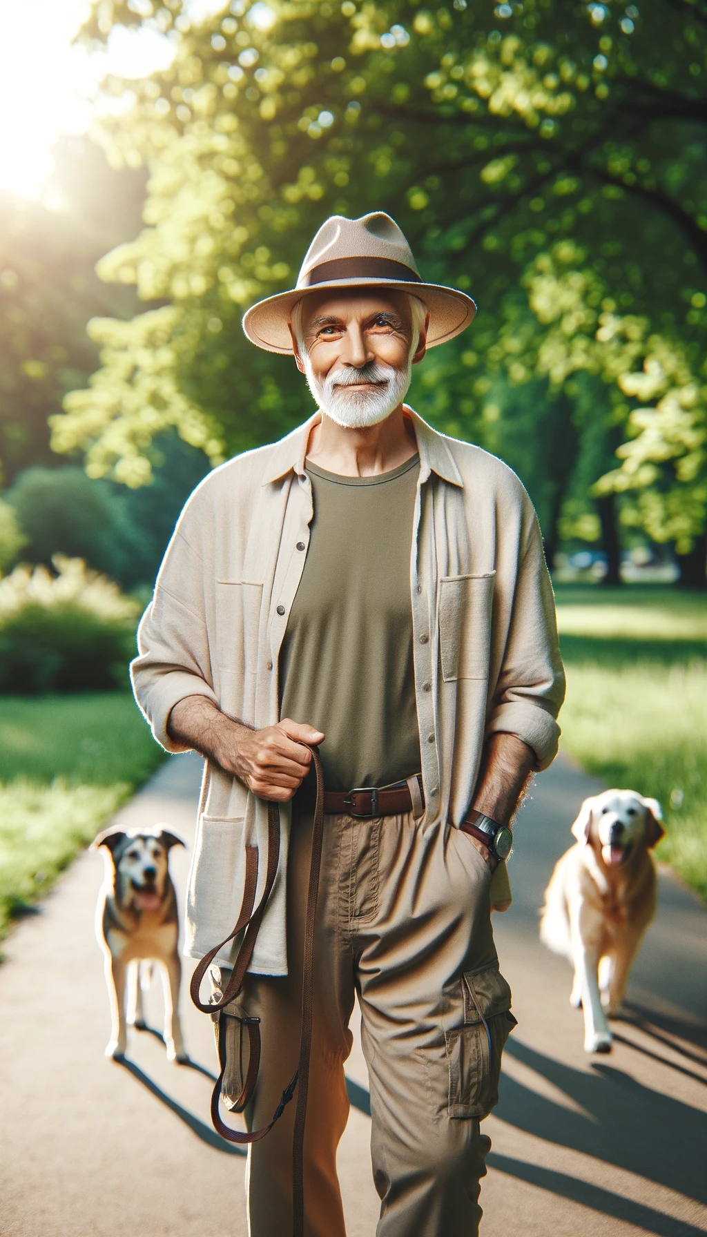 a portrait of an older white male smiling while walking through a park with dogs