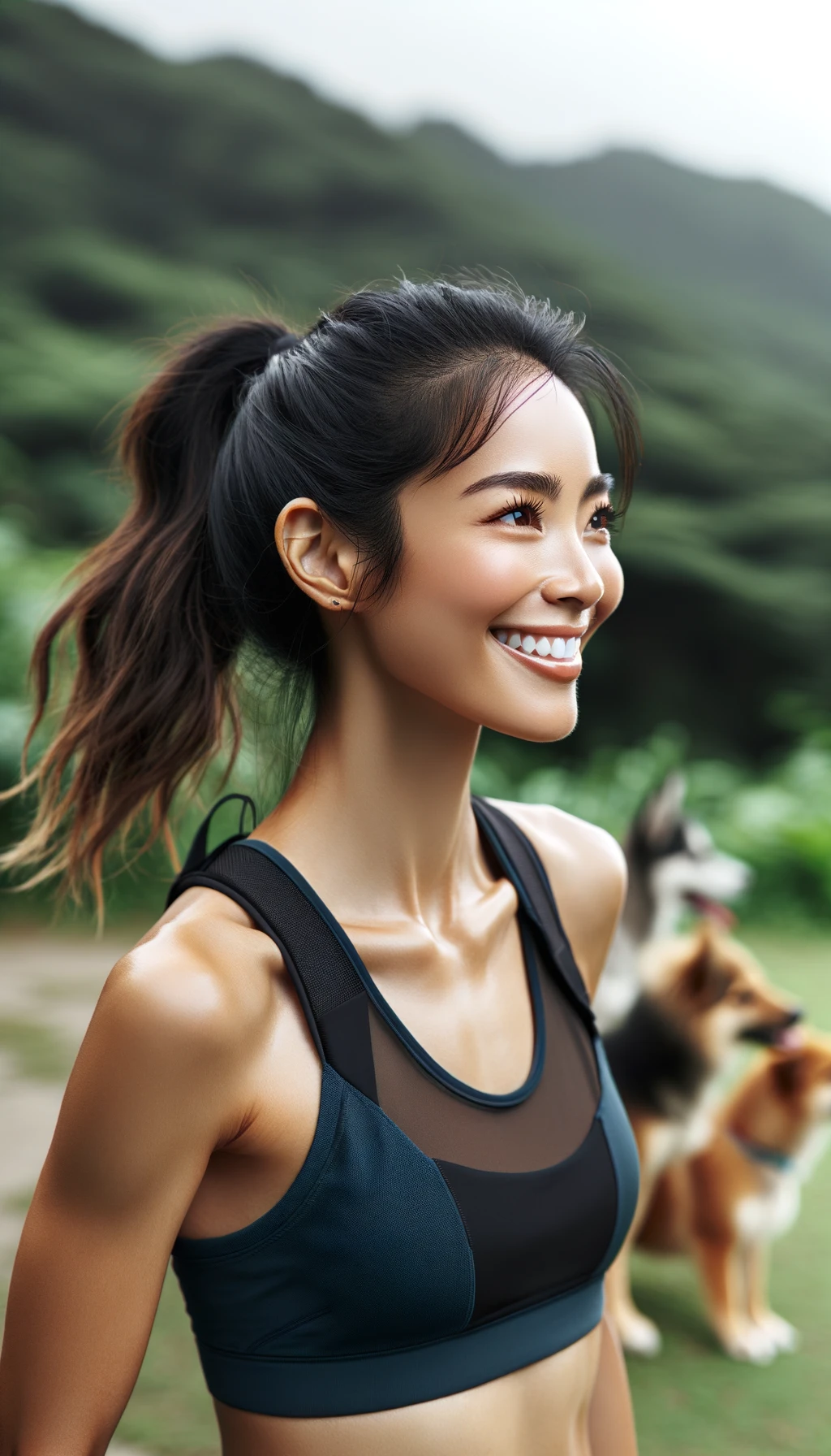 a portrait of a young asian woman smiling while jogging with a dog outdoors