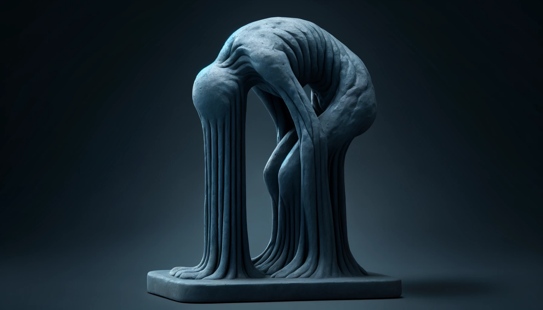 image a sculpture of a body drooping forword, with the head, arms and legs melting into a pile on the ground. This scultpure is in hues of blues and grays.